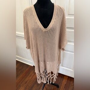 Cabi Fling Poncho Short Sleeve V Neck Sweater Cover Up Fringe Tassels SzL 54077